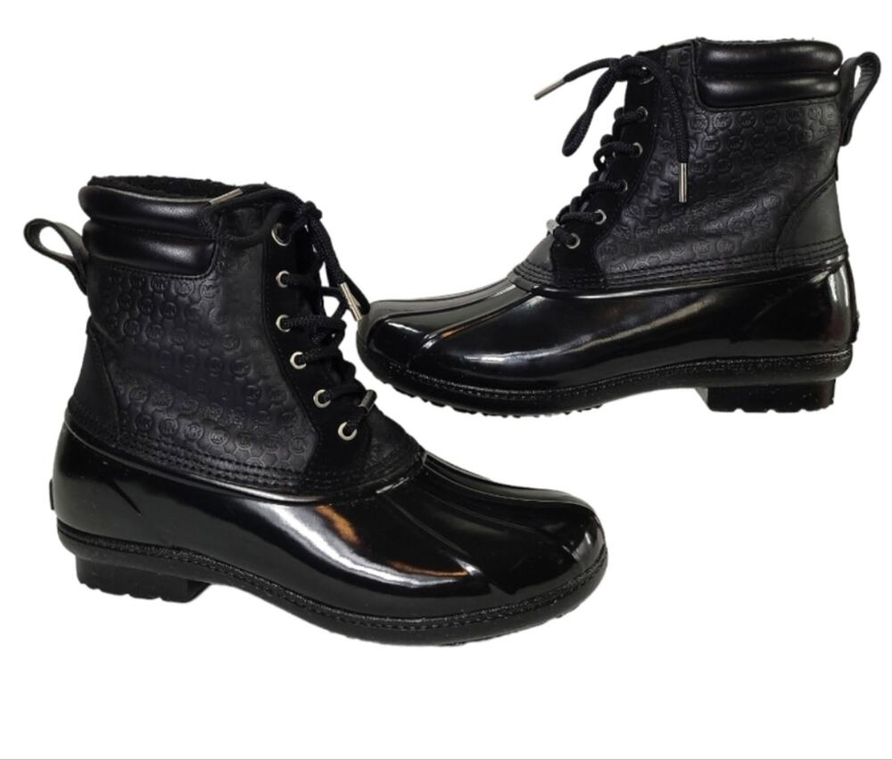 Michael Michael Kors Easton Size 10 Lace Up Duck Boot Black Rain Leather